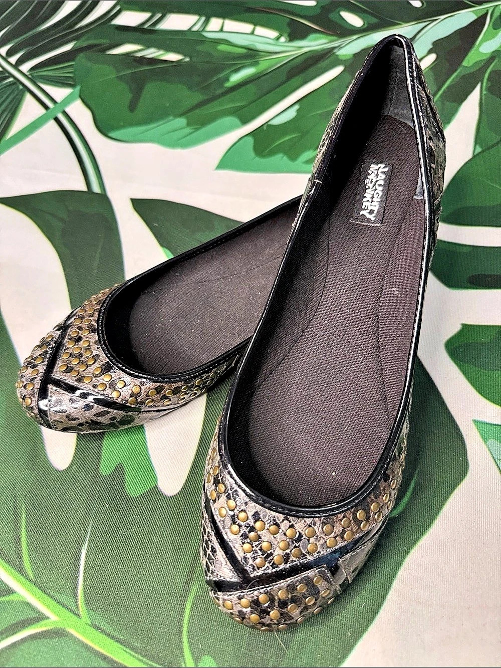 Naughty Monkey Studded Animal Print Flats in Black & Brown